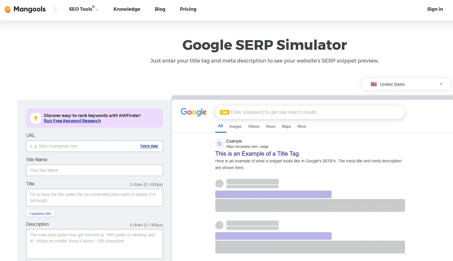 Strona główna narzędzia Mangools SERP Simulator (adres url: https://mangools.com/free-seo-tools/serp-simulator)